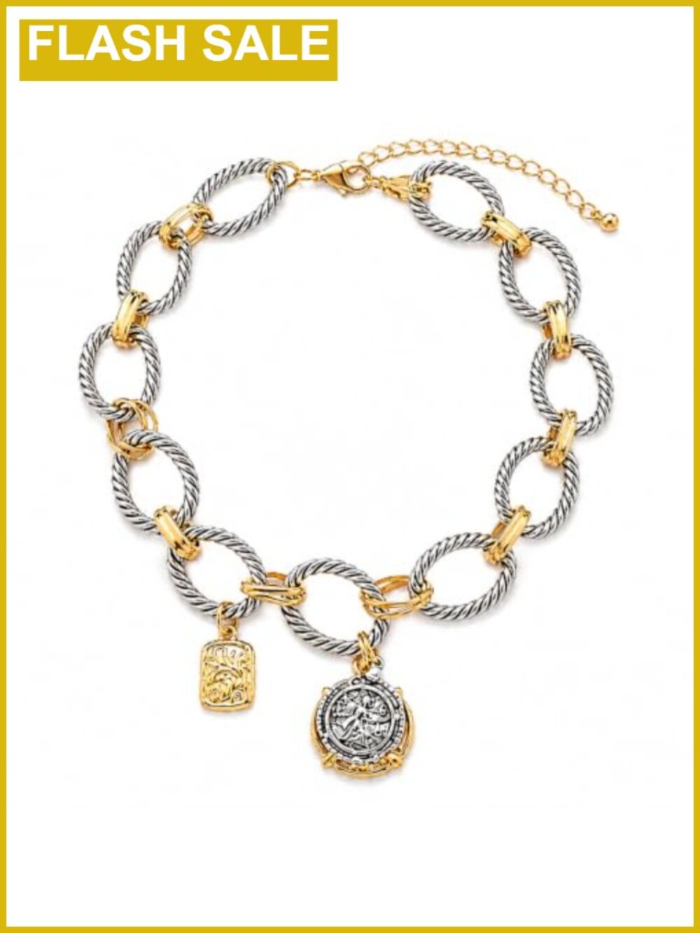 Two Tone Chunky Chain Necklace Coin Charm Pendant Statement Jewelry Women
